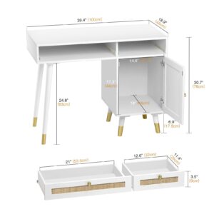 Anmytek Rattan Vanity Desk with Drawers and Storage, White Makeup Vanity Table Modern Home Office Desk Computer Desk for Study D0006