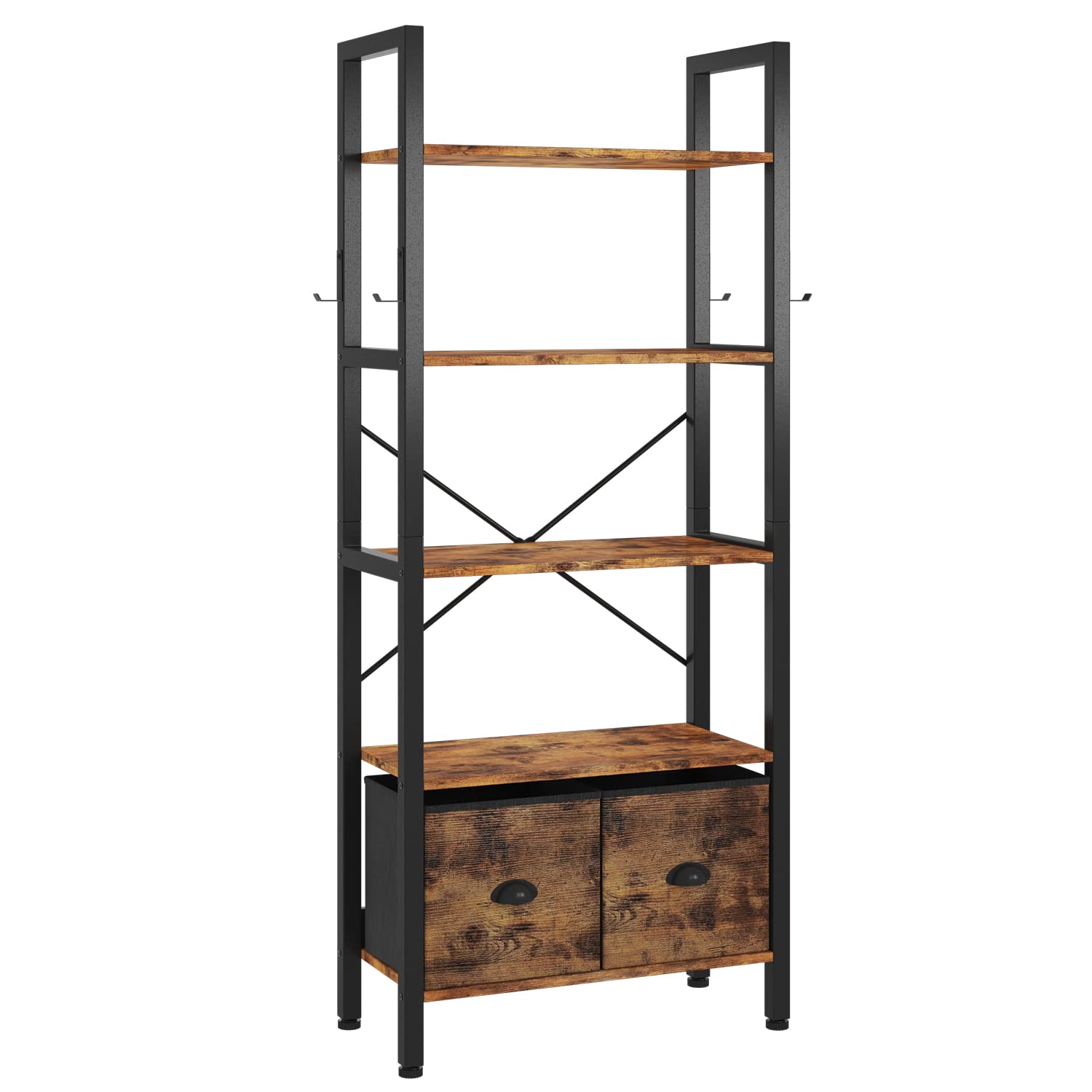 oneinmil 5-Tier Bookshelf with 2 Storage Drawers, Industrial Display Standing Shelf, Rustic Wood Storage Shelf with Metal Frame, Open Bookcases for Living Room, Bedroom, Home Office (Brown)