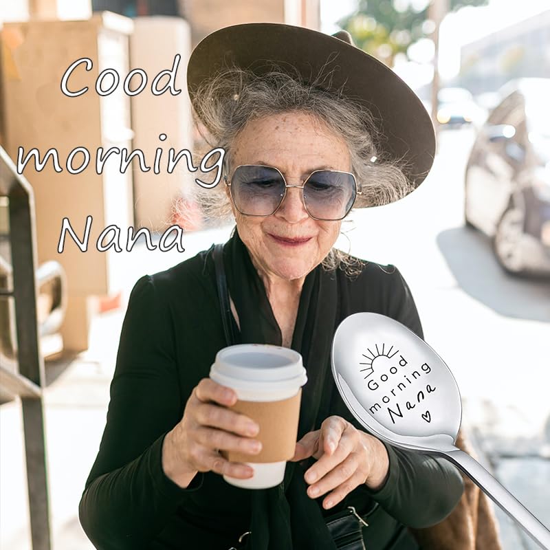 Grandma Nana Gigi Birthday Gifts Spoon for Women Mothers Day Yaya Gifts from Grandkids - Good Morning Nana Christmas Gift for Mom Grandma Nanas Engraved Coffee Cereal Handle Spoons Long Teaspoons