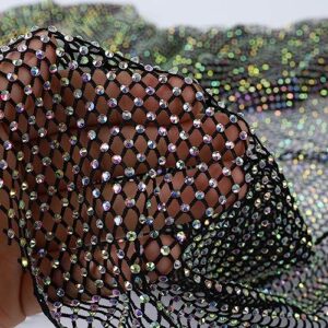 Exquisite AB Color Rhinestone Fabric Stretchy Mesh (15 inch by 12 inch, Black)