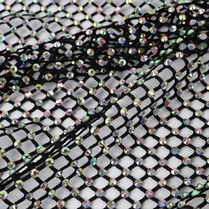 Exquisite AB Color Rhinestone Fabric Stretchy Mesh (15 inch by 12 inch, Black)