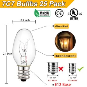 25 Pack Clear Night Light Bulbs, 7 Watt Salt Lamp Light Replacement Bulbs, Plug-in Incandescent Night Light Bulbs, E12 Candelabra Base, 120 Volt