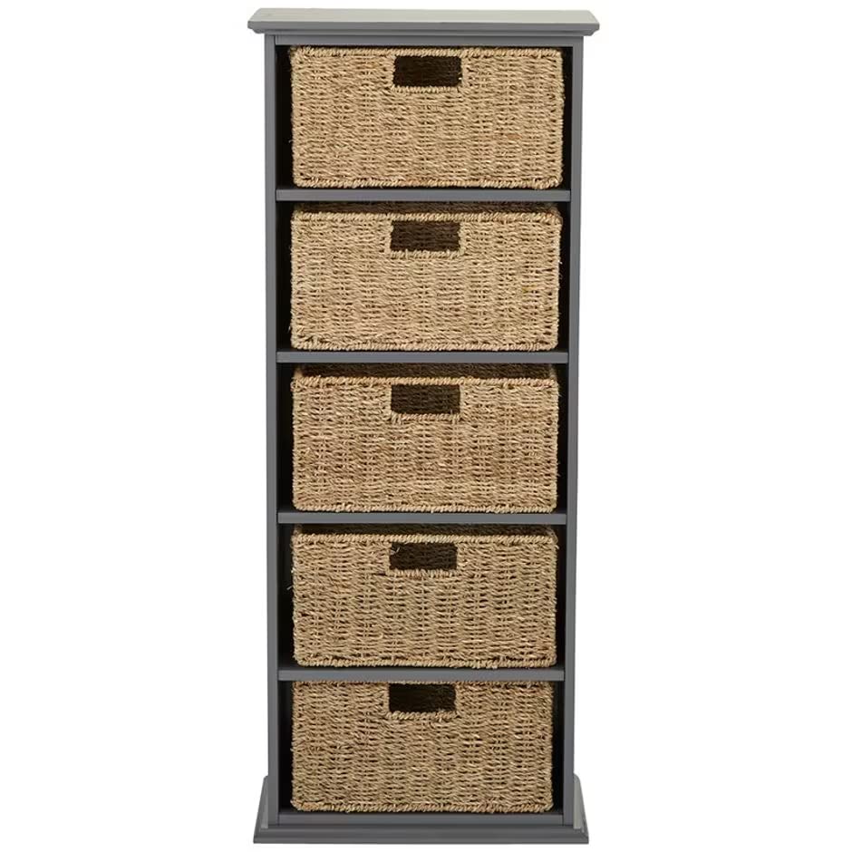 Contemporary Five-Tier Bookcase with Stylish Storage Baskets (Gray)