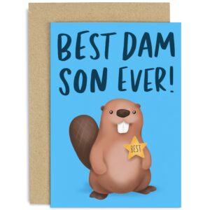 old english co. best dam son ever birthday greeting card - beaver pun funny birthday card for son - cute card from mum and dad - congratulations well done son card | blank inside with envelope