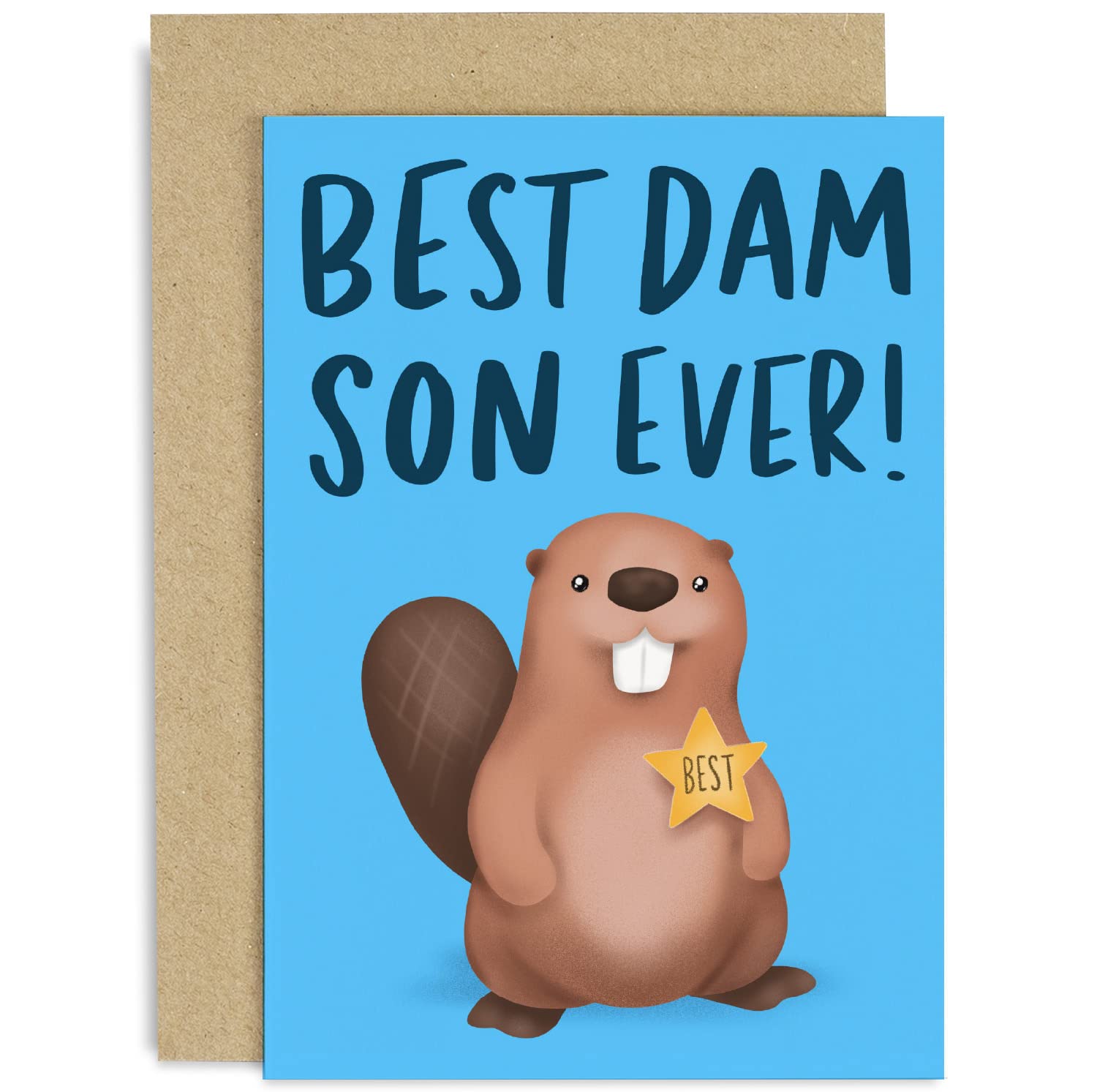 Old English Co. Best Dam Son Ever Birthday Greeting Card - Beaver Pun Funny Birthday Card for Son - Cute Card from Mum and Dad - Congratulations Well Done Son Card | Blank Inside with Envelope