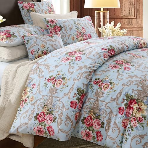 ABREEZE Vintage Floral Duvet Cover Set-100% Egyptian Cotton Peony Bedding Sets Leave Print Bedding Set-Breathable and Soft Duvet Cover Set for All Seasons(King)