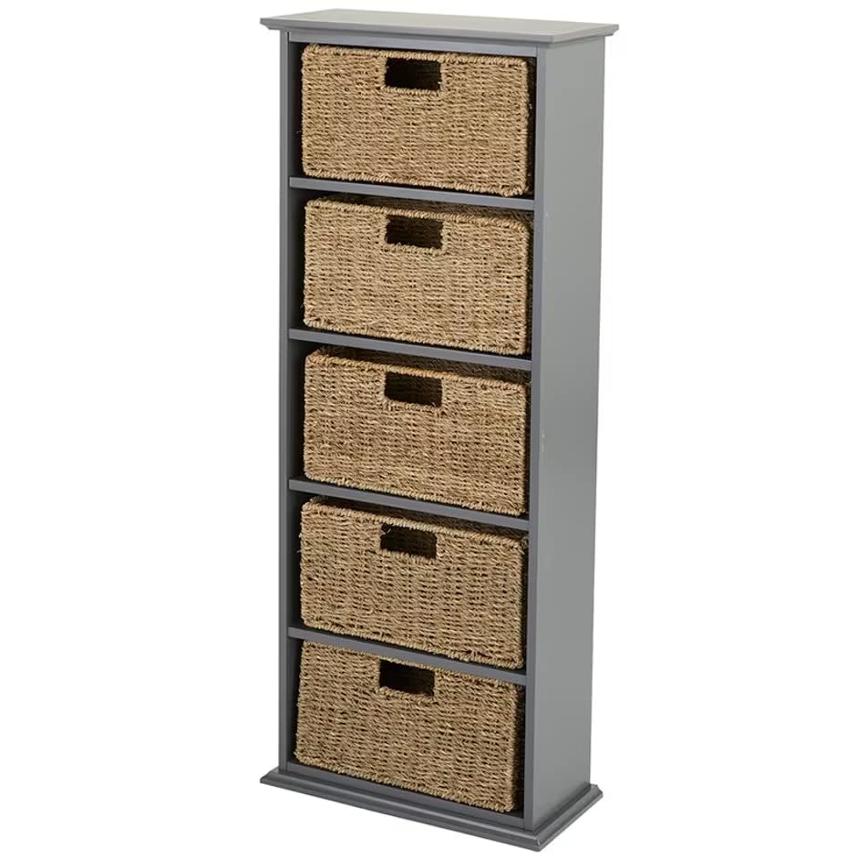 Contemporary Five-Tier Bookcase with Stylish Storage Baskets (Gray)