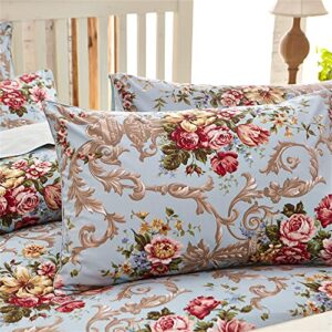 ABREEZE Vintage Floral Duvet Cover Set-100% Egyptian Cotton Peony Bedding Sets Leave Print Bedding Set-Breathable and Soft Duvet Cover Set for All Seasons(King)