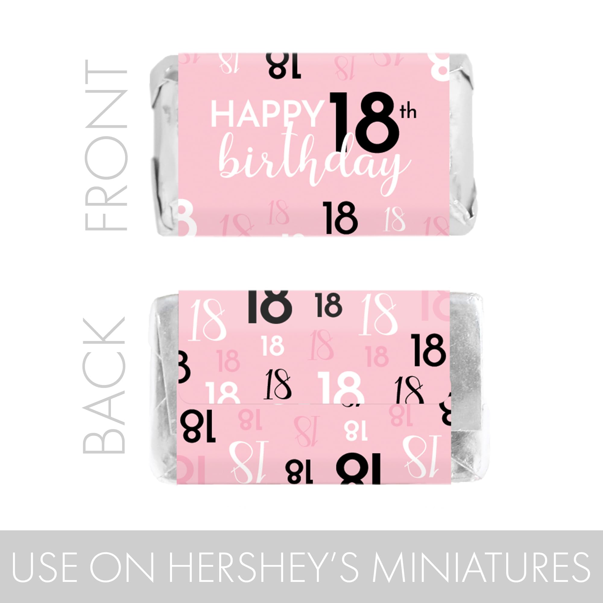 DISTINCTIVS Pink, Black, and White 18th Birthday Party Mini Candy Bar Wrappers - 45 Count, 18th Birthday Decorations for Girls Pink