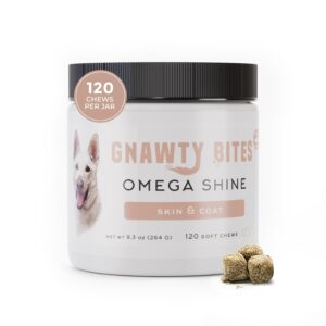 gnawty bites omega shine | dog skin and coat supplement for healthy & lustrous coat with omega 3-6-9 & fish oil | dry, irritated, & itchy skin relief for dogs, 120 soft chews