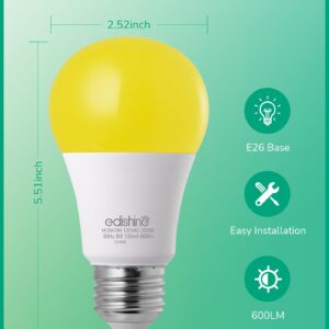 EDISHINE Dusk to Dawn Bug Light Bulbs Outdoor, 2000K Amber Glow Outdoor LED Light Bulb, Automatic On/Off, Yellow Light Bulb, 600LM, 9W(60W Equivalent), E26 Base, 4 Pack, UL Listed