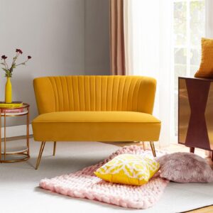 hulala home velvet loveseat sofa with gold legs, mid-century modern upholstered love seat couch, tufted small 2-seat sofa armless for living room, bedroom, apartment small spaces, mustard