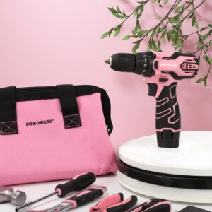 COMOWARE 12V Pink Cordless Drill Home Tool Kit, Pink Drill Set for Women, Lady's Home Repairing Tool Kit Hand Tool Set for DIY Large-Capacity Tool Storage Bag Included