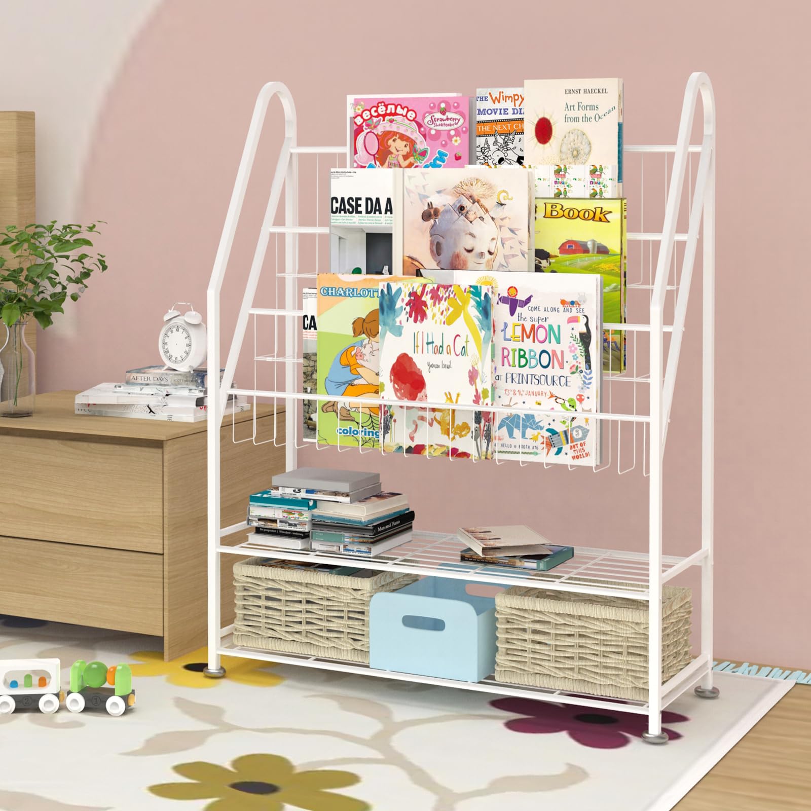 Azheruol Kids Bookshelf Freestanding for Children Room 32 Inches White Metal Bookcase Large Capacity Books Toys Organizer Stable 5 Tiers Kids Book Rack for Playroom Bookstore Library.