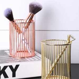 Stephanie Imports Set of 3 Metal Wire Pencil Cup or Makeup Brush Holder Organizer (Gold Bar Pattern)