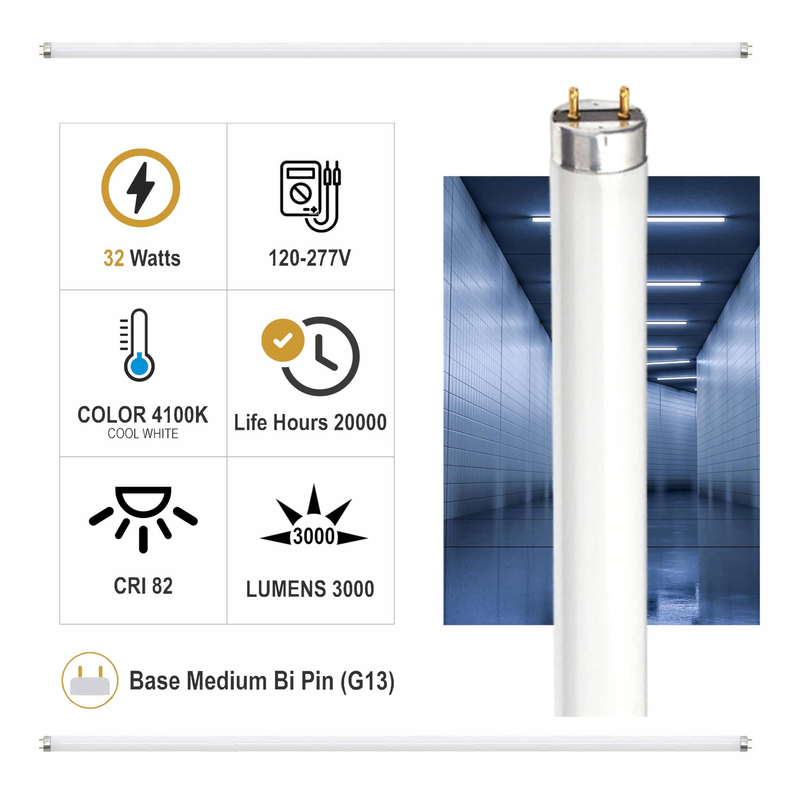 F32T8/841 4 Pack 32W 48 Inch T8 Fluorescent Tube Light Bulb, 4100K Cool White, Medium Bi-Pin (G13) Base, 32 Watt T8 Light Bulbs