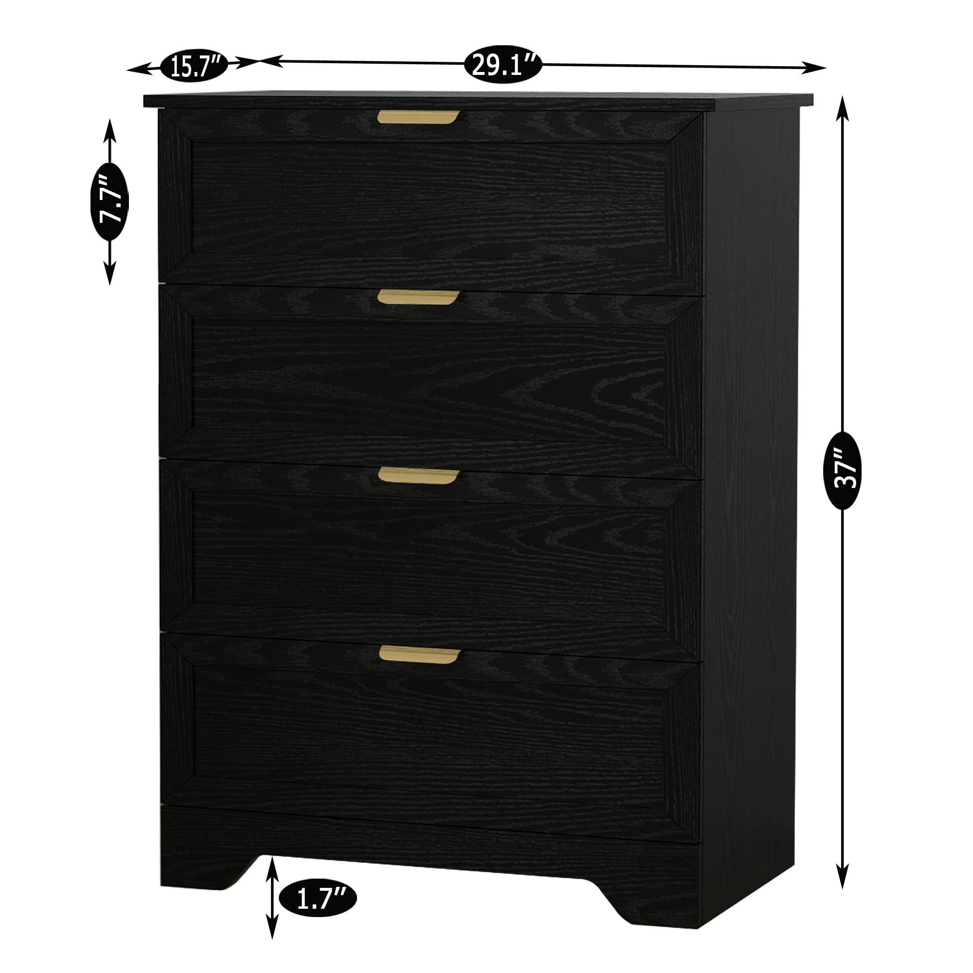 UYIHOME Modern 4 Drawer Dresser, 37inch Tall Dresser Chest with Large Drawer, Wood Dresser Storage Cabinet Organizer Unit for Bedroom, Closet, Living Room, Cloakroom, Entryway, Black