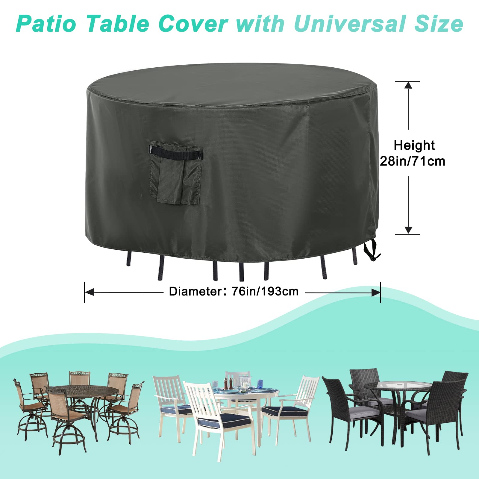 ABCCANOPY Table Cover Round Table Cover Outdoor Furniture Cover Furniture Waterproof and Dustproof Windproof Tear Resistance UV Resistance Universal Furniture Table Cover 76Dx28 Inches Grey