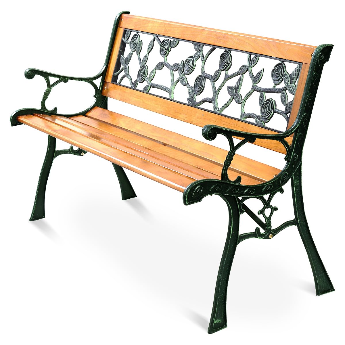 S AFSTAR Outdoor Garden Bench, Outside Porch Loveseat with Rose Cast Backrest & Stable Metal Legs, 2-3 Person Park Bench, Weather Proof Outdoor Bench for Patio Garden Backyard Poolside