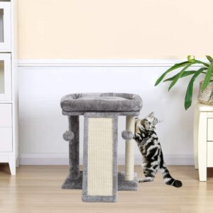 SYANDLVY Small Cat Tree with Scratching Post, Cat Scratching Board for Adults, Cat Post Scratcher for Indoor Cats, 2 Dangling Balls Great for Kittens (Light Grey)