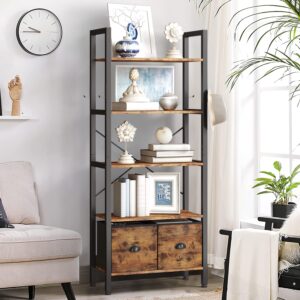 oneinmil 5-Tier Bookshelf with 2 Storage Drawers, Industrial Display Standing Shelf, Rustic Wood Storage Shelf with Metal Frame, Open Bookcases for Living Room, Bedroom, Home Office (Brown)