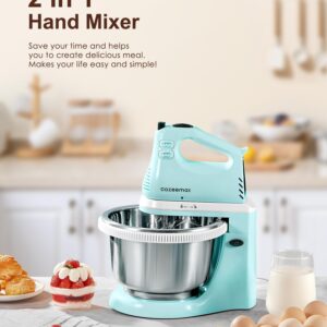 2 in 1 Hand Mixers Kitchen Electric Stand mixer with bowl 3 Quart, electric mixer handheld for Everyday Use, Dough Hooks & Mixer Beaters for Frosting, Meringues & More (Aqua)