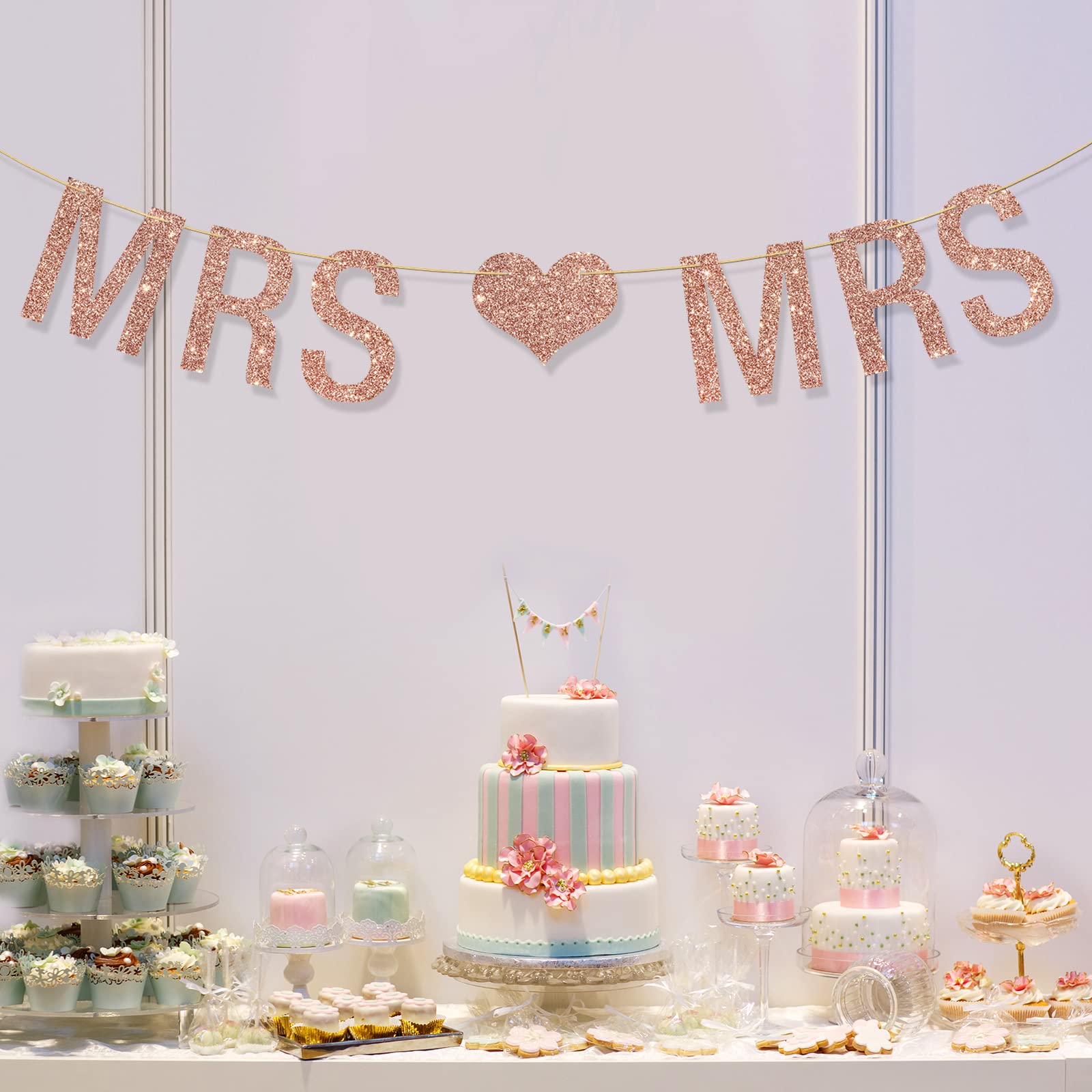 Mrs & Mrs Banner, Lesbian Theme Banner for Female's Bridal Shower/Wedding/Engagement/Anniversary Party Decorations Supplies, Gift for Lesbian Couple, Love is Love, Rose Gold Glitter