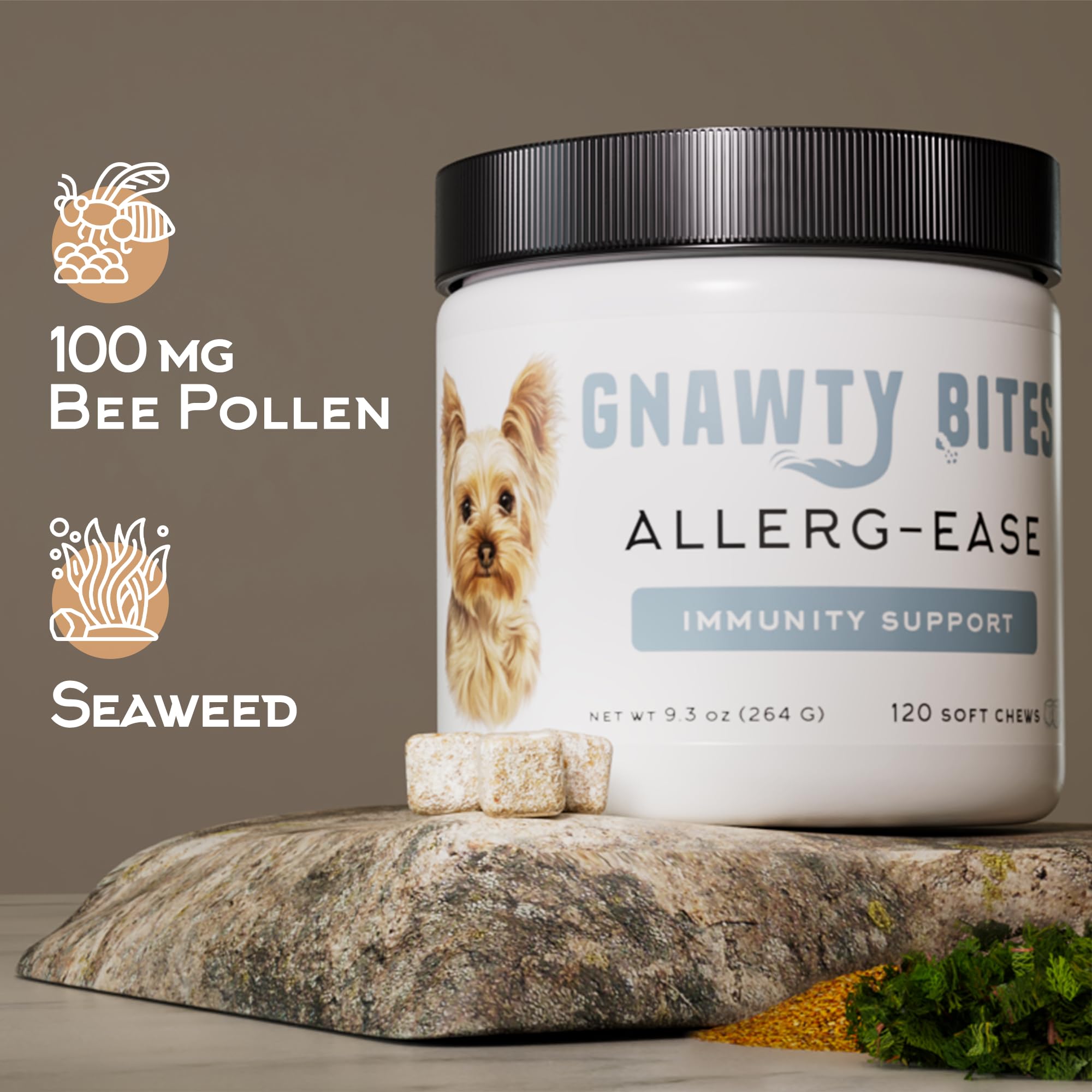 Gnawty Bites Allerg-Ease | Dog Allergy Supplement, Soothes Irritation & Inflammation | Immune Support, Itch & Seasonal Allergy Relief with Kelp, Colostrum, & Bee Pollen, 120 Soft Chews