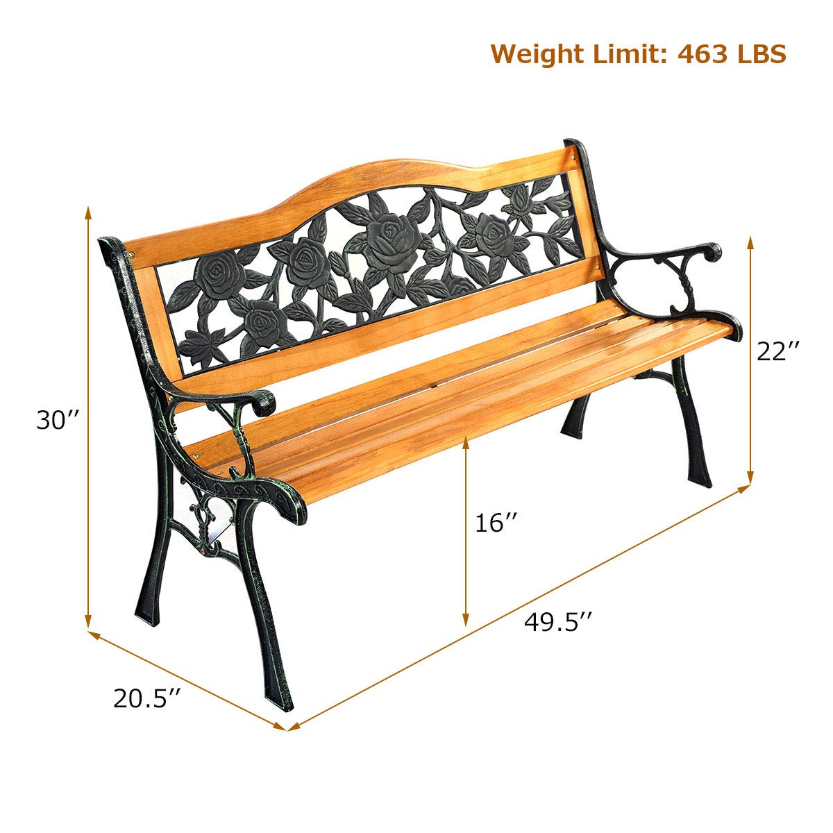 S AFSTAR Outdoor Garden Bench, Patio Bench with Large Rose Cast Backrest & Comfort Wood Seat, 470 LBS Load Capacity, Weather Proof, Durable, Easy to Assemble