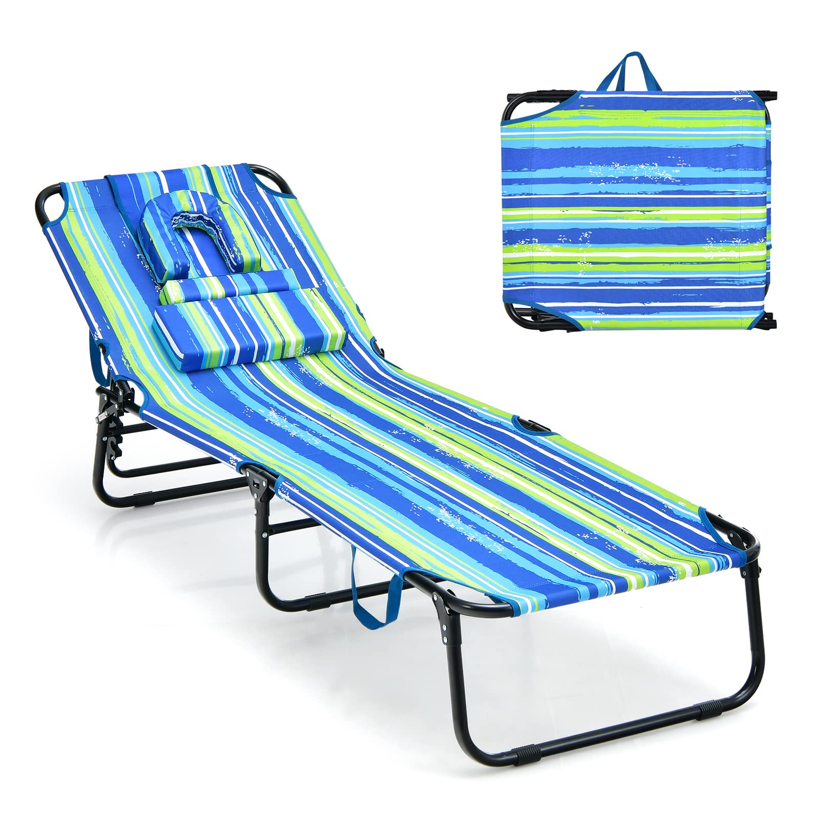 Tangkula Beach Lounge Chair, Folding Sunbathing Recliner with Face Hole, Face Down Tanning Chair with 5-Level Adjustable Backrest & 3 Removable Pillows, Chaise Lounge Chair for Patio (1, Stripe)