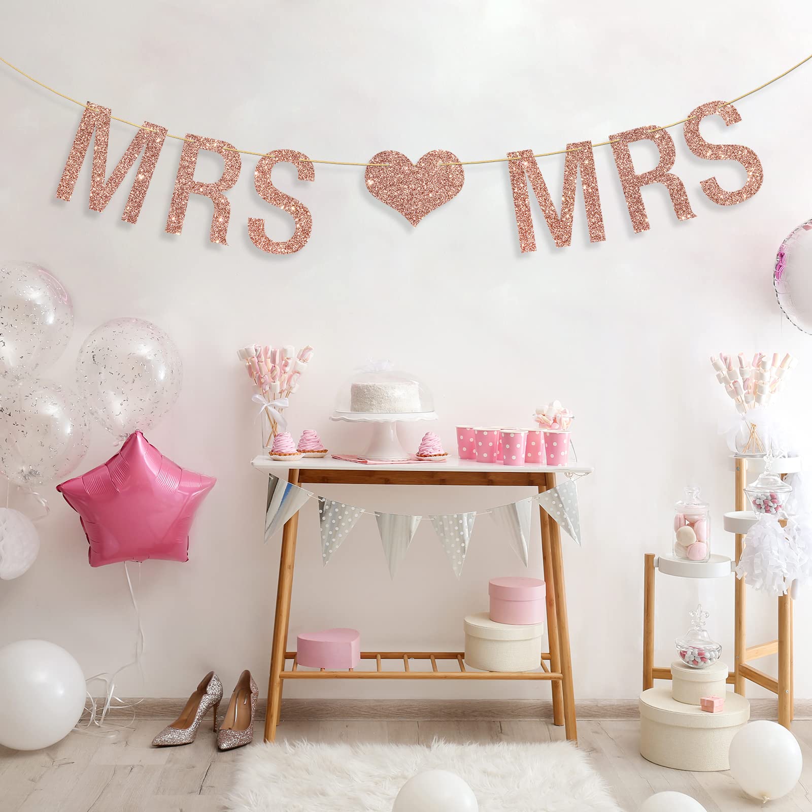 Mrs & Mrs Banner, Lesbian Theme Banner for Female's Bridal Shower/Wedding/Engagement/Anniversary Party Decorations Supplies, Gift for Lesbian Couple, Love is Love, Rose Gold Glitter