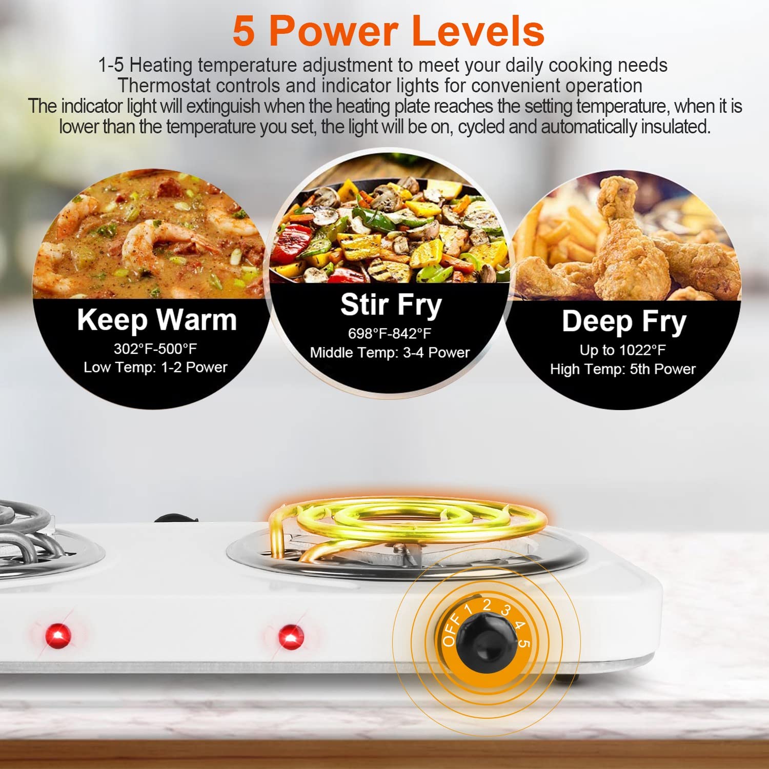 Hot Plate, 2000W Portable Electric Double Coil Burner with Dual Control & 5 Level Temperature Control, Easy to Clean, Lightweight Stainless Steel Countertop Stove for Kitchen Dorm Camping,110V