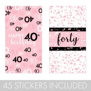 DISTINCTIVS Pink, Black, and White 40th Birthday Party Mini Candy Bar Wrappers - 45 Count, Pink Birthday Decorations for Women