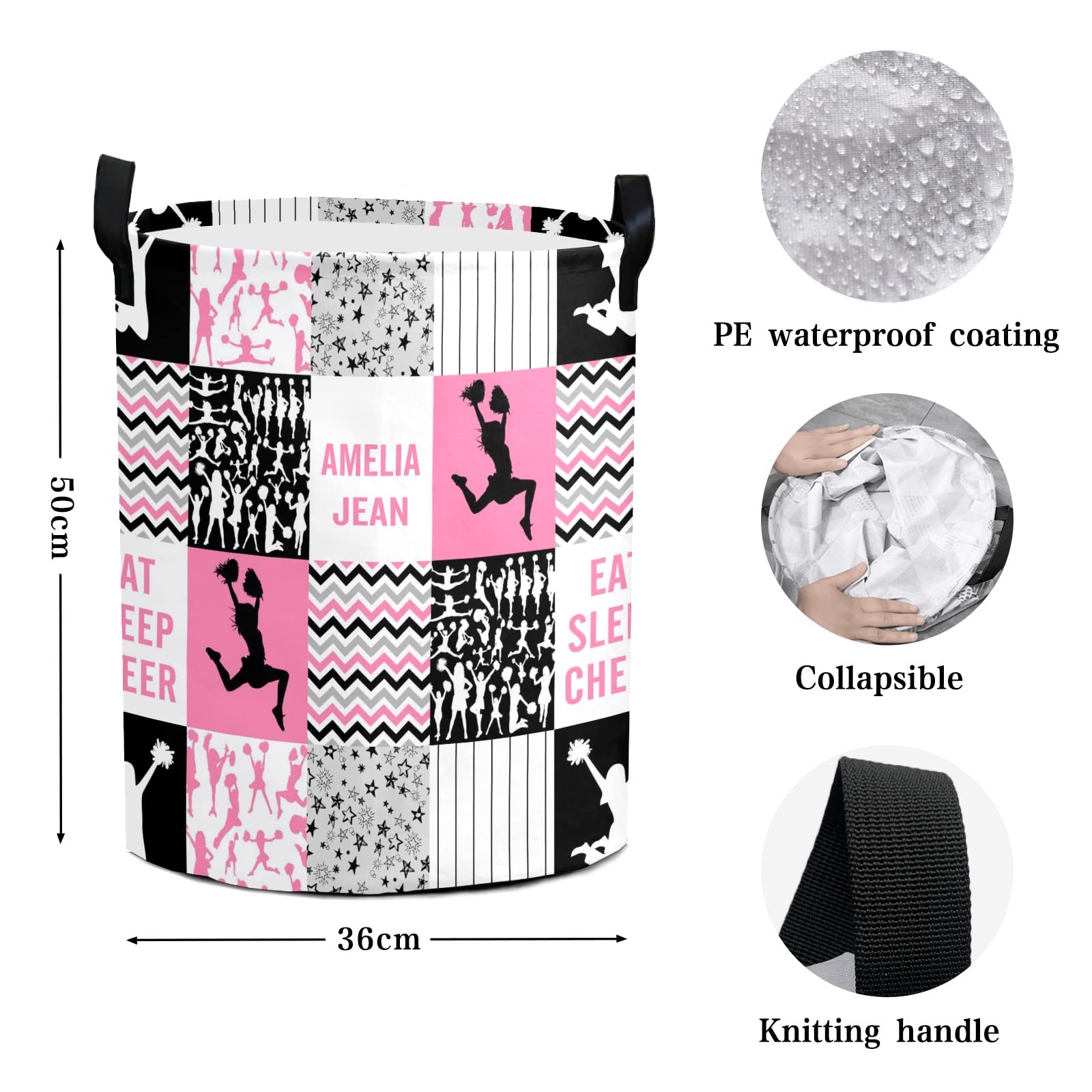 Laundry Basket Eat Sleep Cheer Cheerleader Pink Laundry Hamper Clothes Bag Collapsible Tall with Handles Bathroom College Essentials Storage for College Dorm Family