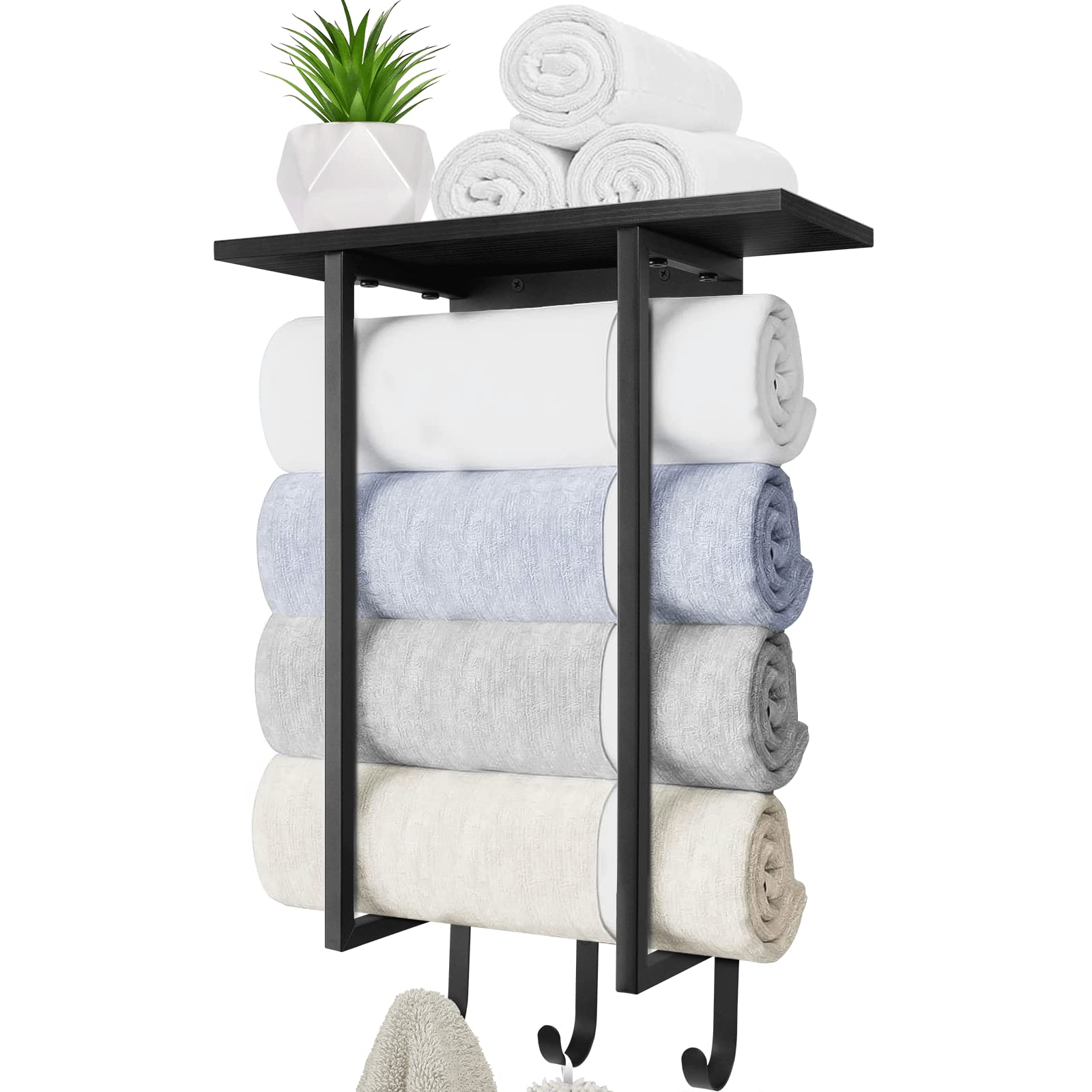 ELITEROO Towel Holder for Bathroom Wall, Towel Rack with Shelf and Hooks, Hanging Towel Organizer for Small Bathroom Storage, Wooden Rolled Towel Shelf for RV, Camper, Black