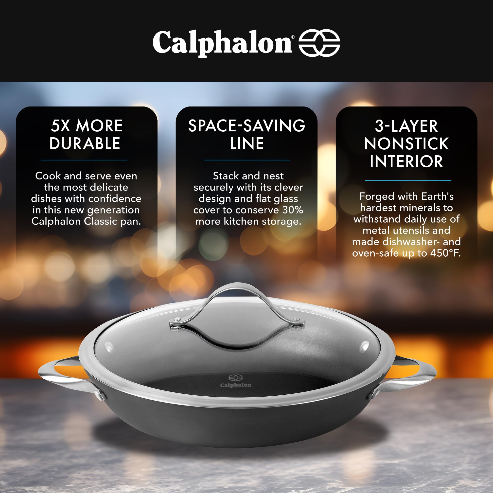 Calphalon Premier Space Saving 12 Inch Everyday Pan with Lid, Hard Anodized Nonstick Cookware, MineralShield Technology, Dishwasher and Oven Safe