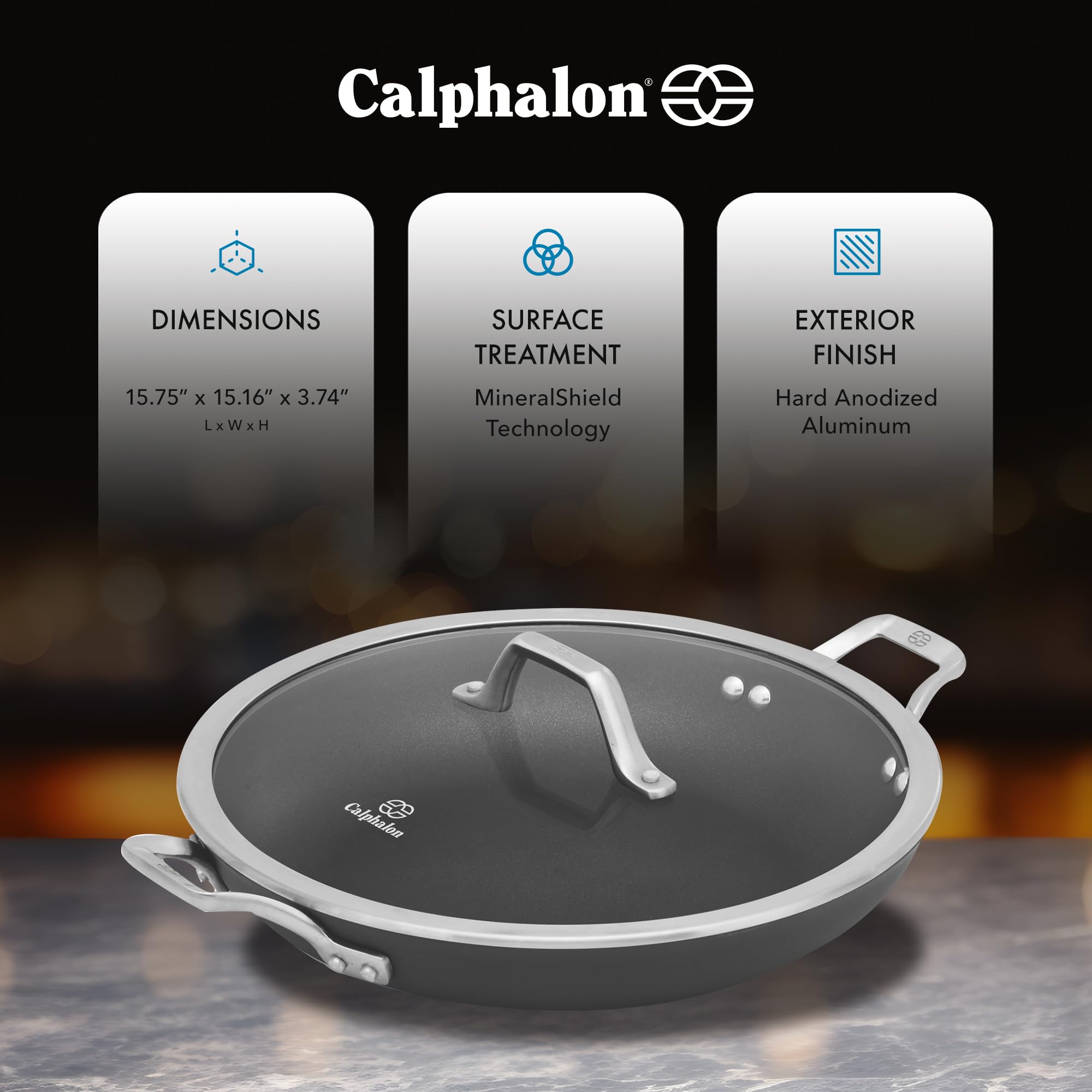 Calphalon Premier Space Saving 12 Inch Everyday Pan with Lid, Hard Anodized Nonstick Cookware, MineralShield Technology, Dishwasher and Oven Safe