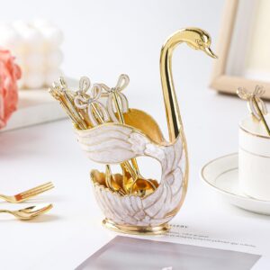 Gold Swan Base Holder,Table Decorative Swan Dessert Spoons Organizer Base Spoons Holder with 6pcs Coffee Spoon set,Elegant Gold Dessert Spoons,Premium Zinc Alloy Swan Base Spoon Organizer (Gold)