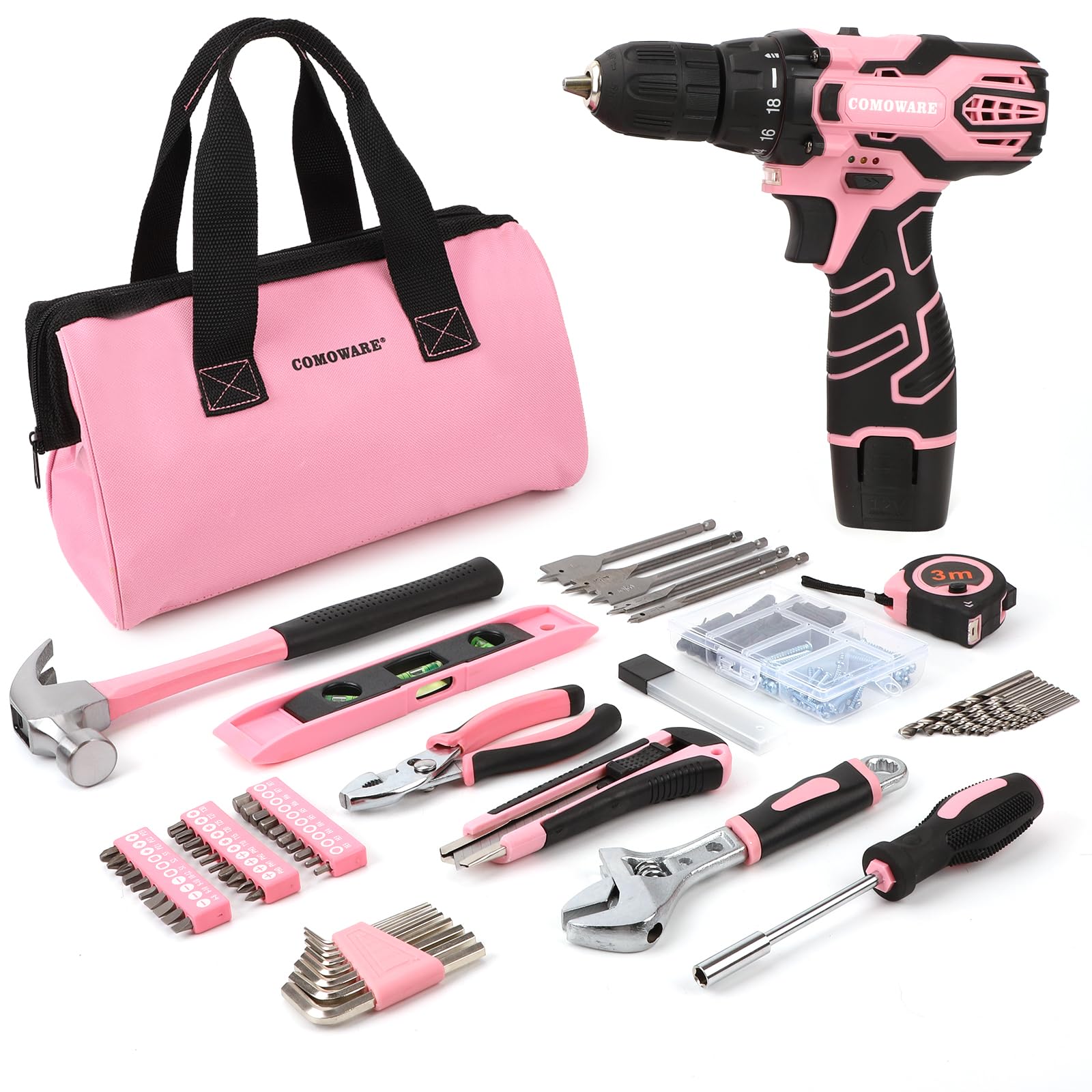 COMOWARE 12V Pink Cordless Drill Home Tool Kit, Pink Drill Set for Women, Lady's Home Repairing Tool Kit Hand Tool Set for DIY Large-Capacity Tool Storage Bag Included