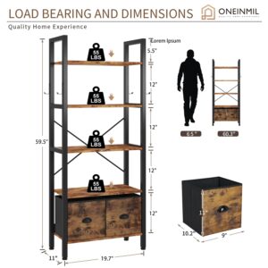 oneinmil 5-Tier Bookshelf with 2 Storage Drawers, Industrial Display Standing Shelf, Rustic Wood Storage Shelf with Metal Frame, Open Bookcases for Living Room, Bedroom, Home Office (Brown)