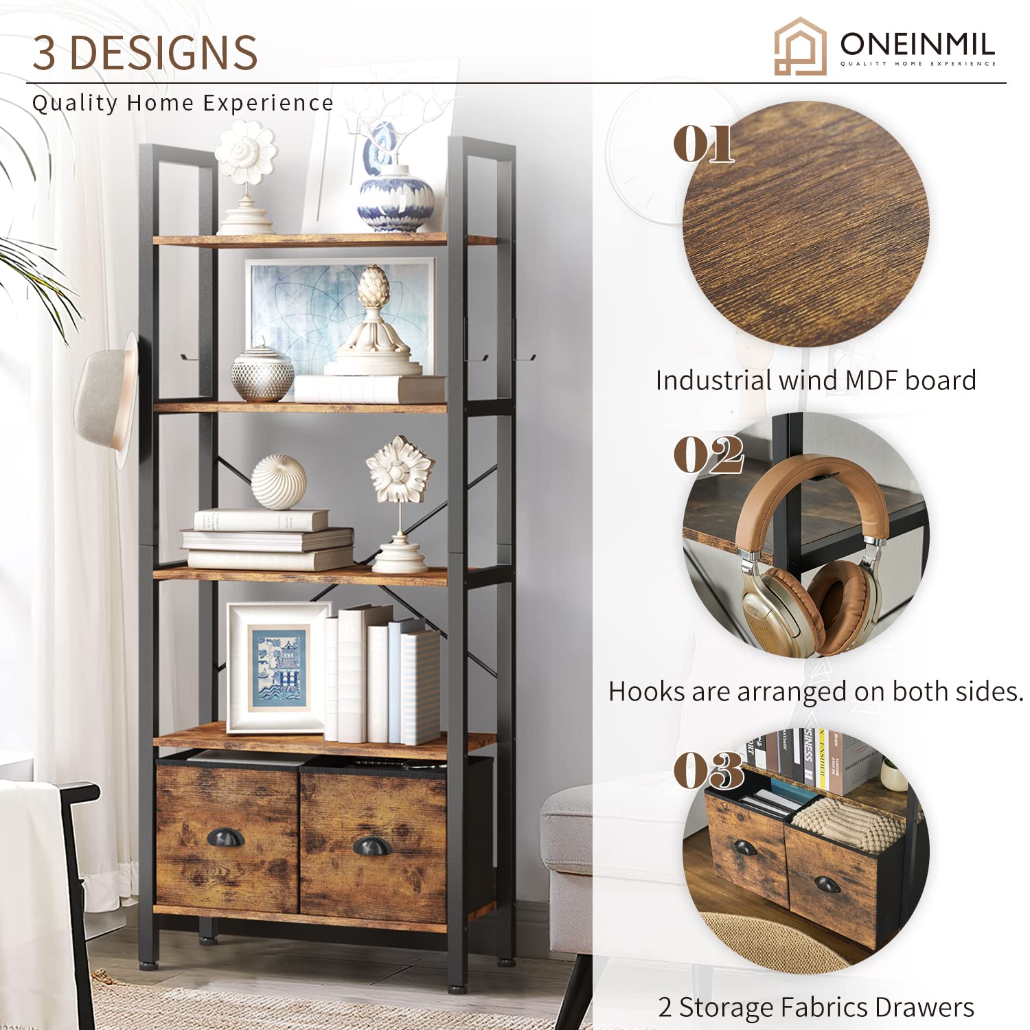 oneinmil 5-Tier Bookshelf with 2 Storage Drawers, Industrial Display Standing Shelf, Rustic Wood Storage Shelf with Metal Frame, Open Bookcases for Living Room, Bedroom, Home Office (Brown)