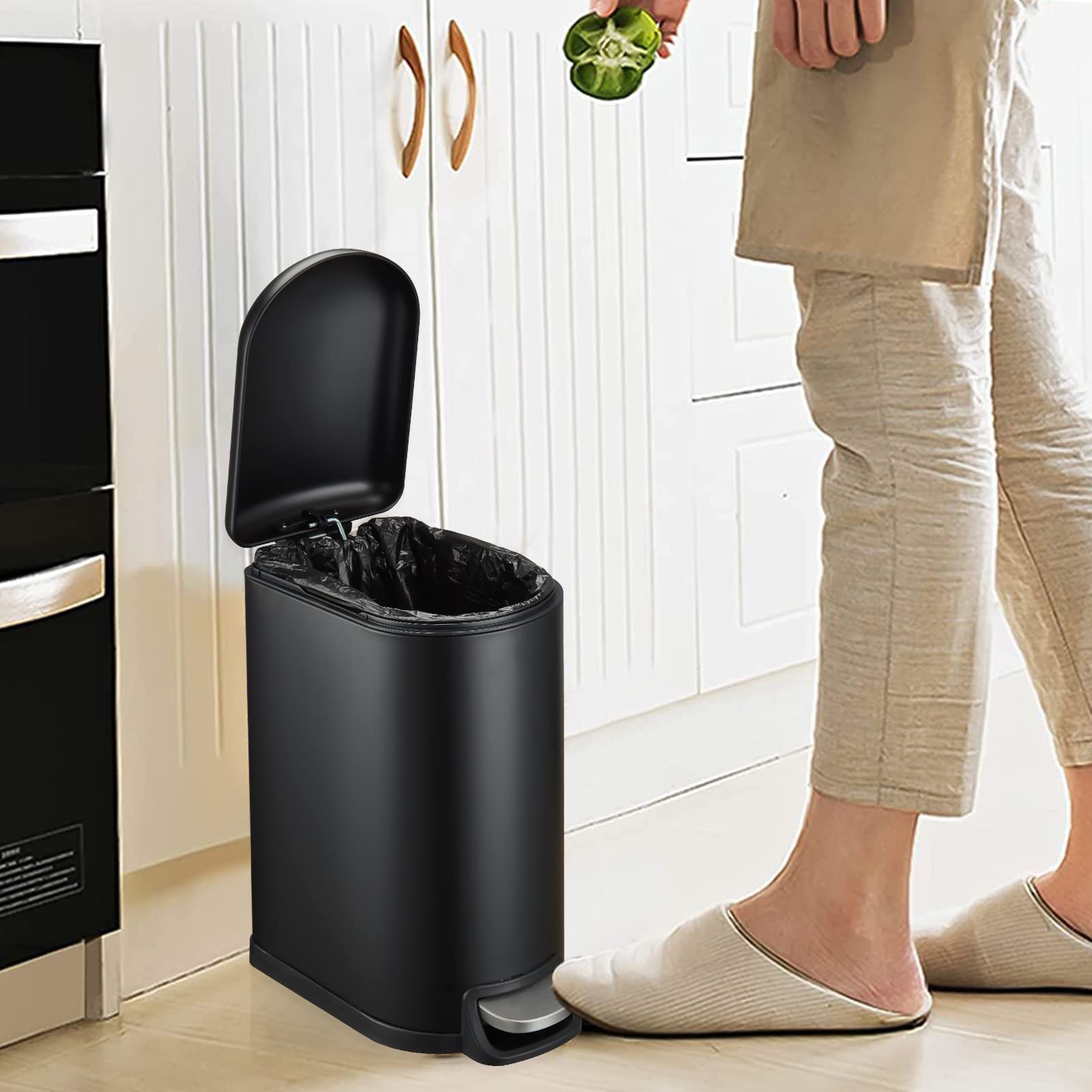 Fashionwu 10.6 Gal Stainless Steel Trash Can Combo Set, Black, 10.6L & 2.6L, Hands-Free Pedal Operation