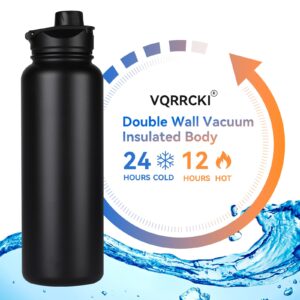 VQRRCKI 40 oz Insulated Water Bottle with Straw, Stainless Steel Sports Water Bottles with 2 Lids (Straw and Wide Mouth lid), Double Wall Vacuum, Leakproof, BPA-Free, Black