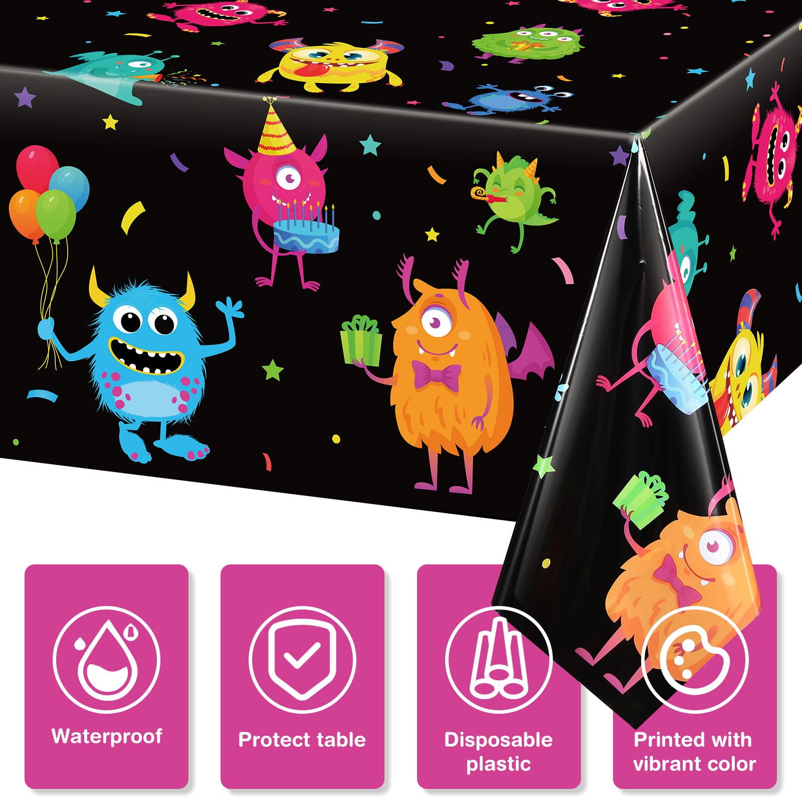 Buryeah 3 Pieces Monster Party Table Covers Plastic Little Monster Table Cloths Monster Birthday Party Tablecloth for Kids Boys Birthday Party Decoration Supplies, 54 x 108 Inch