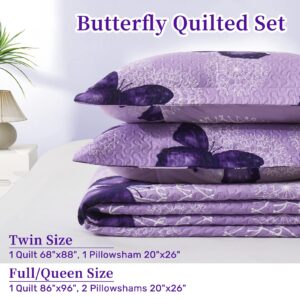 ARTALL 3-Piece Butterfly Printed Quilt Set Soft Microfiber Lightweight Bedspread Coverlet Throw Blanket with 2 Pillow Shams All Season for Adults Teens Girls, Purple, Full/Queen