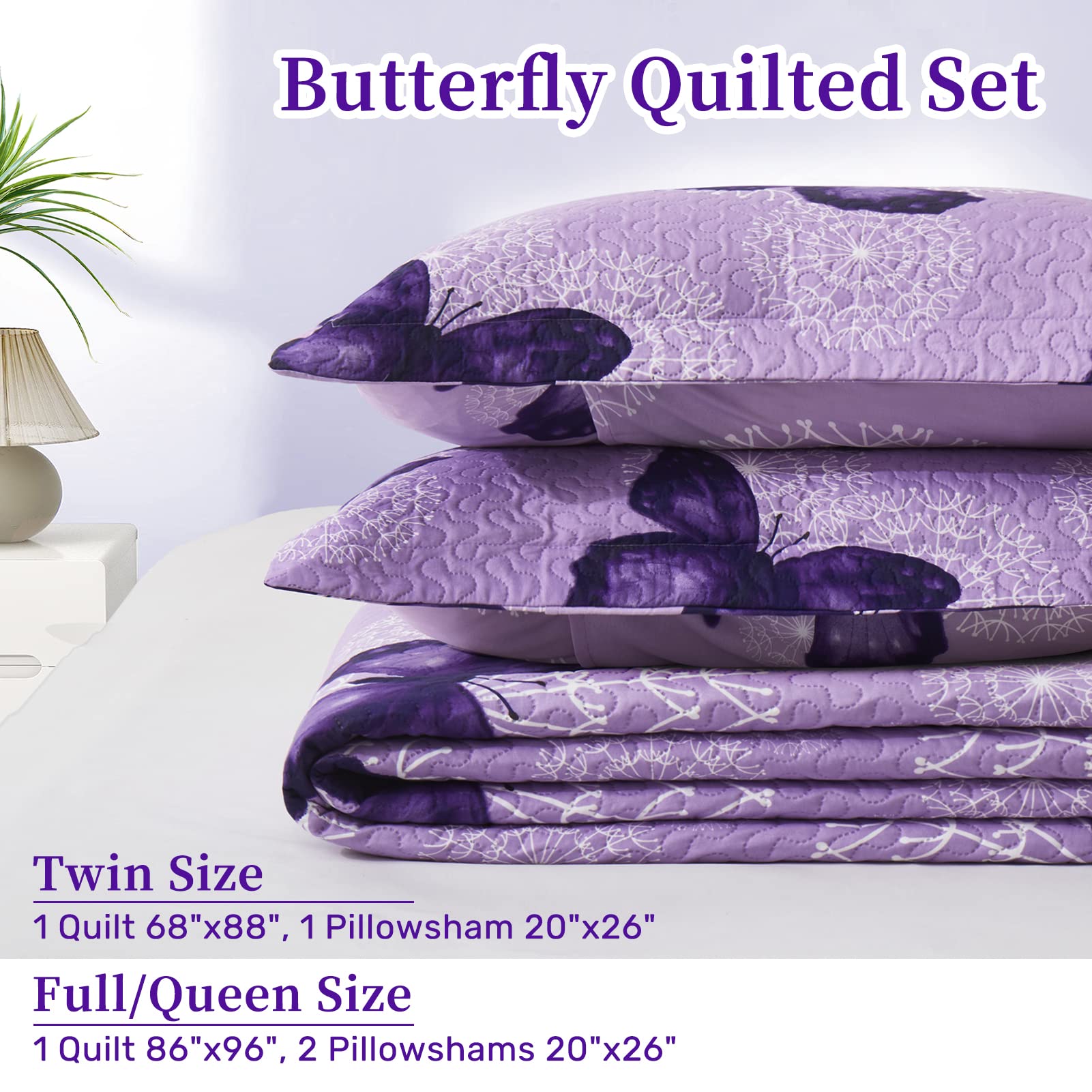 ARTALL 3-Piece Butterfly Printed Quilt Set Soft Microfiber Lightweight Bedspread Coverlet Throw Blanket with 2 Pillow Shams All Season for Adults Teens Girls, Purple, Full/Queen