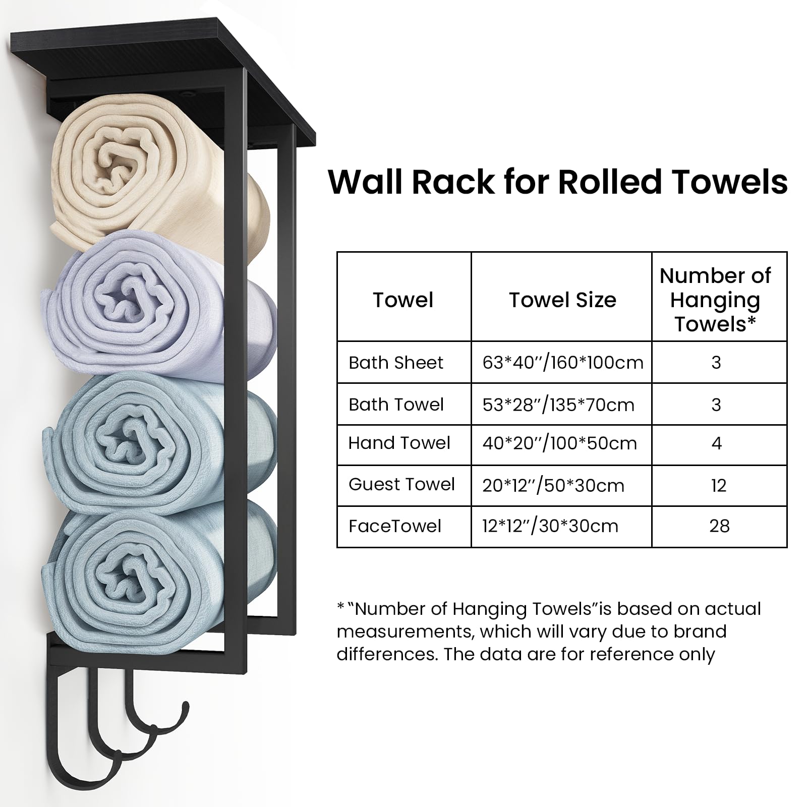 ELITEROO Towel Holder for Bathroom Wall, Towel Rack with Shelf and Hooks, Hanging Towel Organizer for Small Bathroom Storage, Wooden Rolled Towel Shelf for RV, Camper, Black