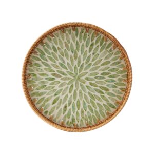 round rattan tray with mother of pearl inlay, rattan serving tray with wooden base, decorative wicker basket for table decor, storage and display of coffee bread food fruit (leaf)