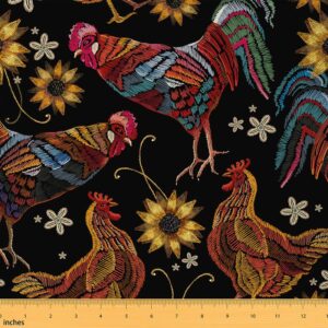 jejeloiu chicken print fabric by the yard,farm animals upholstery fabric for chairs sofa couch, botanial sunflower outdoor fabric waterproof, 3 yards, red black yellow