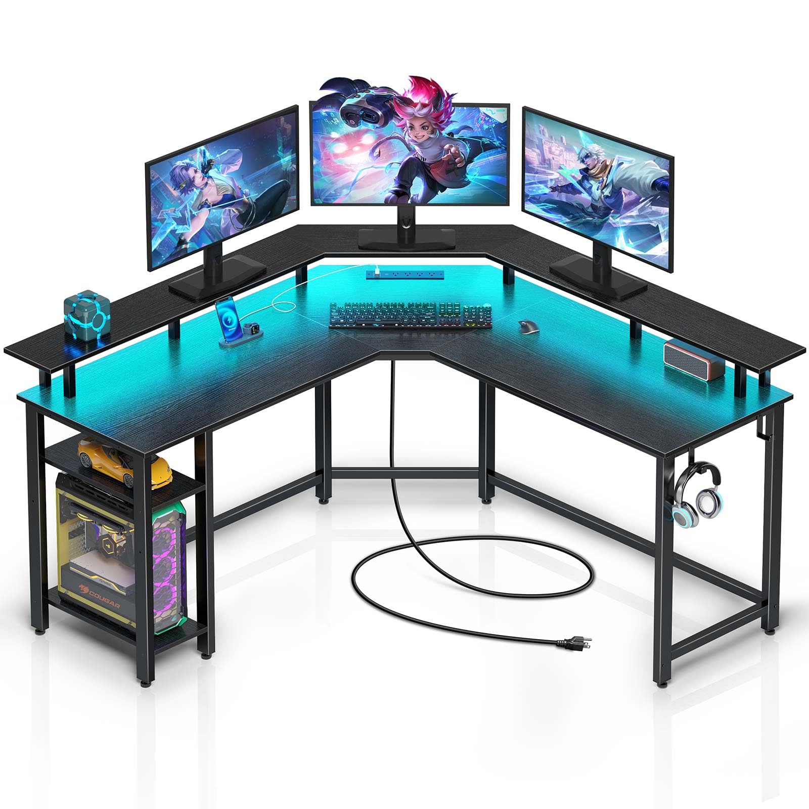 Rolanstar L Shaped Gaming Desk with LED Lights & Power Outlets, 46.2" Computer Desk with Full Monitor Stand & Storage Shelf, Corner Desk with Hooks, Black Desk Reversible